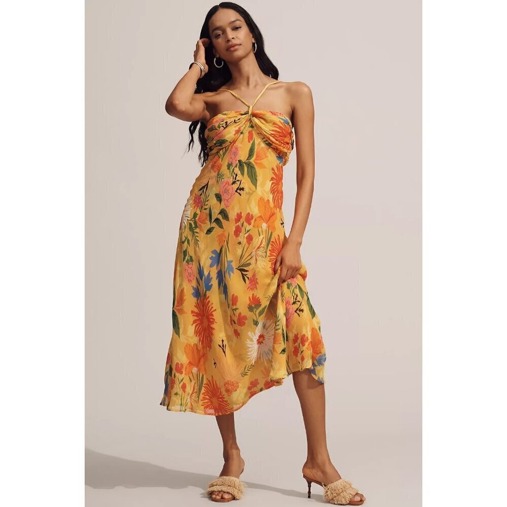 By Anthropologie Halter Slip Dress Yellow Floral  S